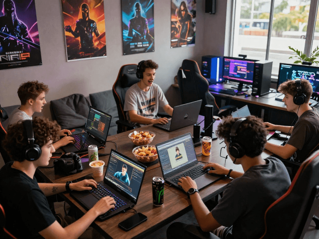 Players immersed in transformation porn games, showcasing gaming camaraderie and excitement in a cozy lounge.
