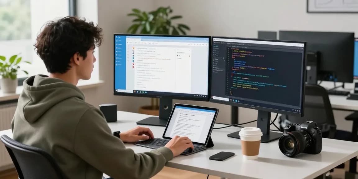 Download Telegram on a tech workspace with a developer using multiple screens showcasing the app.