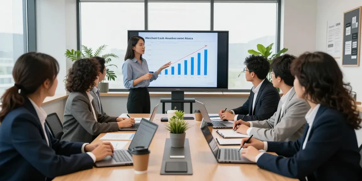 Apply for merchant cash advance with a team collaborating in a modern office.