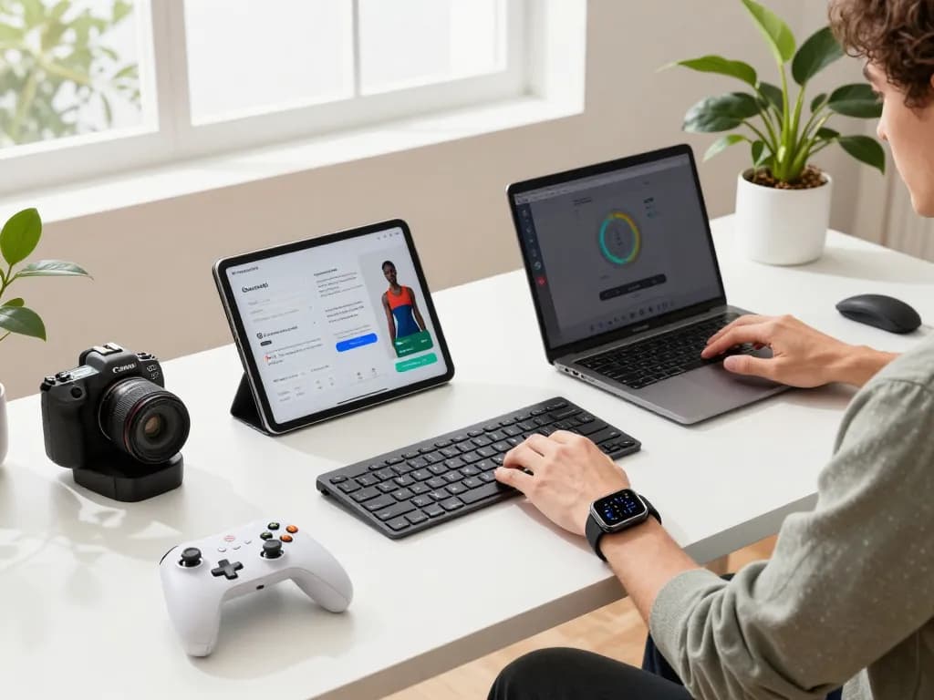 Engaging workspace featuring various smart tech gadgets, including Bluetooth keyboard and gaming controller.