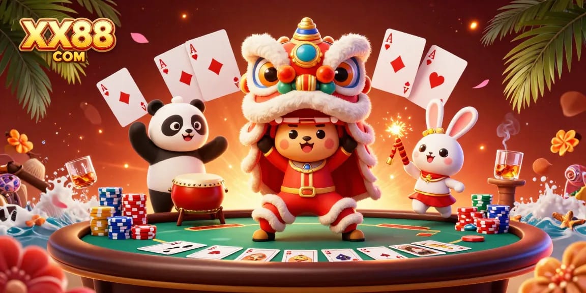 Engage with exciting games at XX88 COM, featuring a vibrant lion dance and dynamic poker elements.