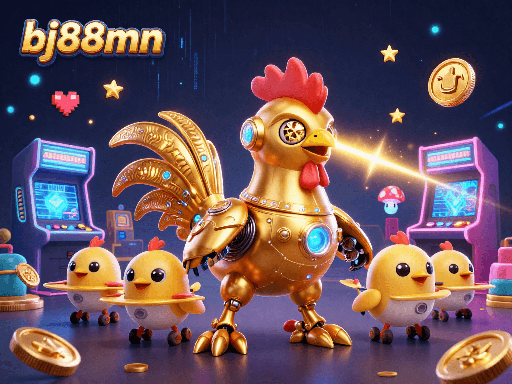 Engage in thrilling gaming with bj88mn's vibrant 3D gaming illustration showcasing exciting casino elements.