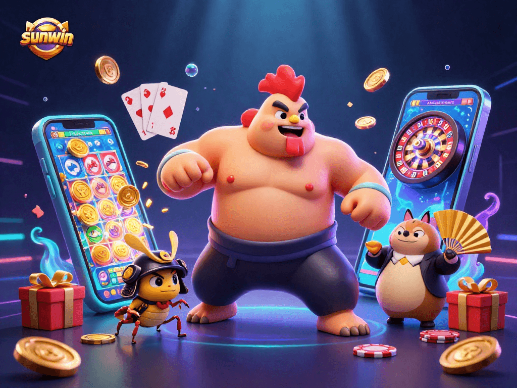 Experience thrilling gameplay at sunwin with a dynamic sumo wrestler, samurai cricket, and announcer surrounded by casino elements.