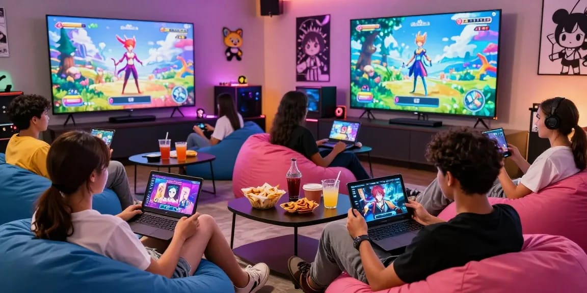 Engaged players enjoying vibrant hentai games in a cozy lounge setting with snacks and game graphics.