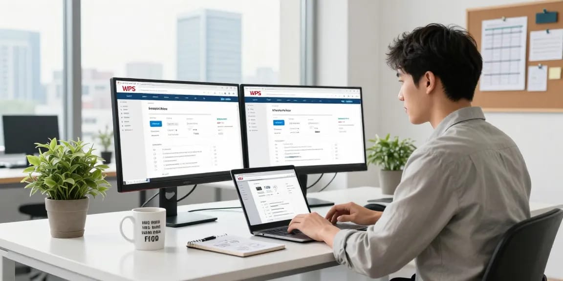 Professional workspace showcasing the WPS Official Website on dual monitors, enhancing productivity.