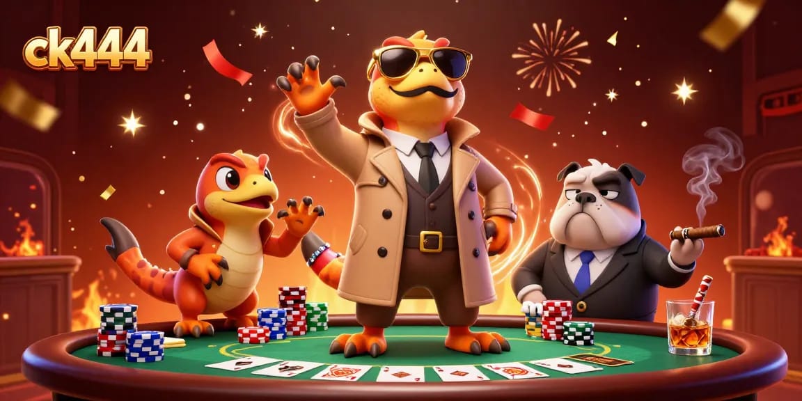 Experience the thrills of ck444 with cartoon raptors at a vibrant casino scene.