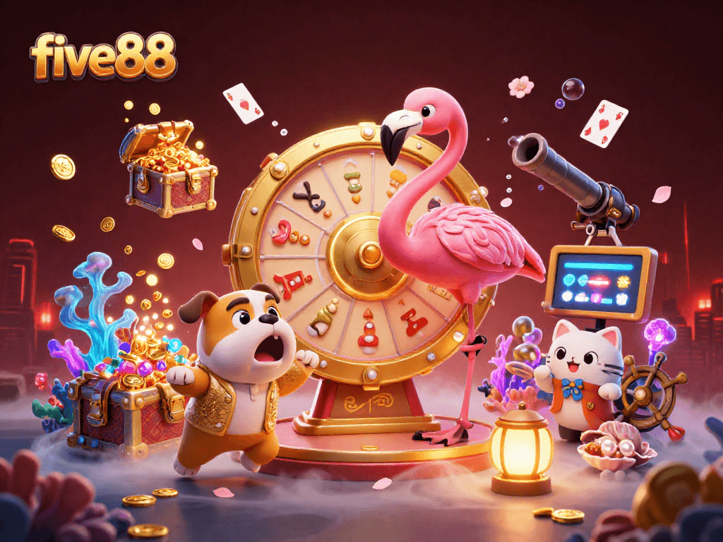 Experience the excitement of five88 with a vibrant game show scene showcasing high-energy characters and thrilling prizes.