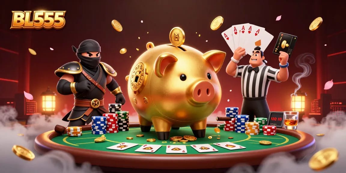 BL555 brings excitement as the golden piggy bank sumo wrestler unleashes winning coins in a vibrant casino.