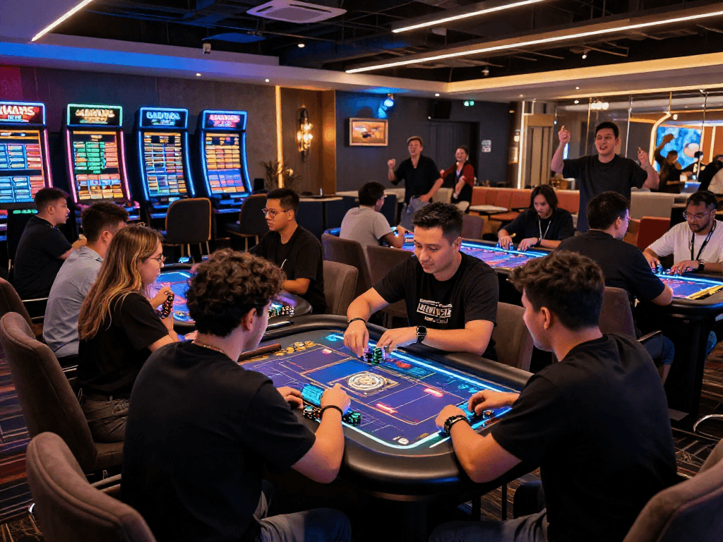 Exciting crypto casino environment with diverse players engaging in digital games and tech elements.