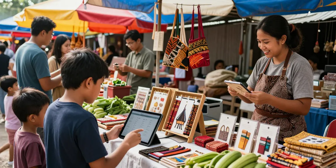 rokok88 e-commerce platform showcasing a vibrant Indonesian marketplace with families shopping and interacting with vendors.