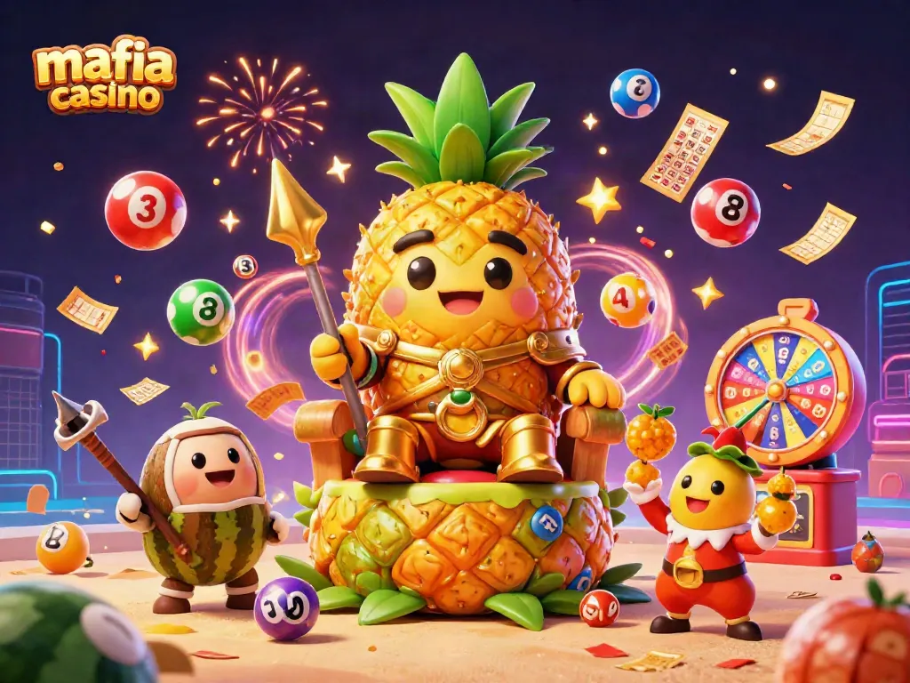 Mafia casino scene featuring a golden pineapple king with vibrant casino elements, celebrating wins with confetti.