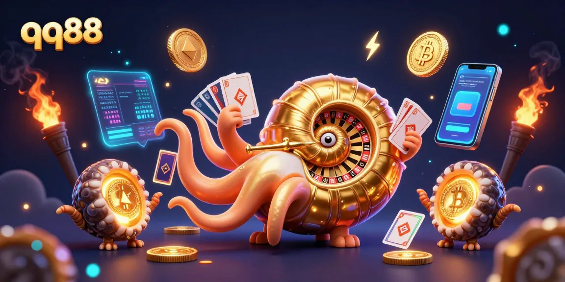 Experience thrilling gaming with qq88, featuring a giant nautilus as a roulette wheel amid vibrant crypto elements.