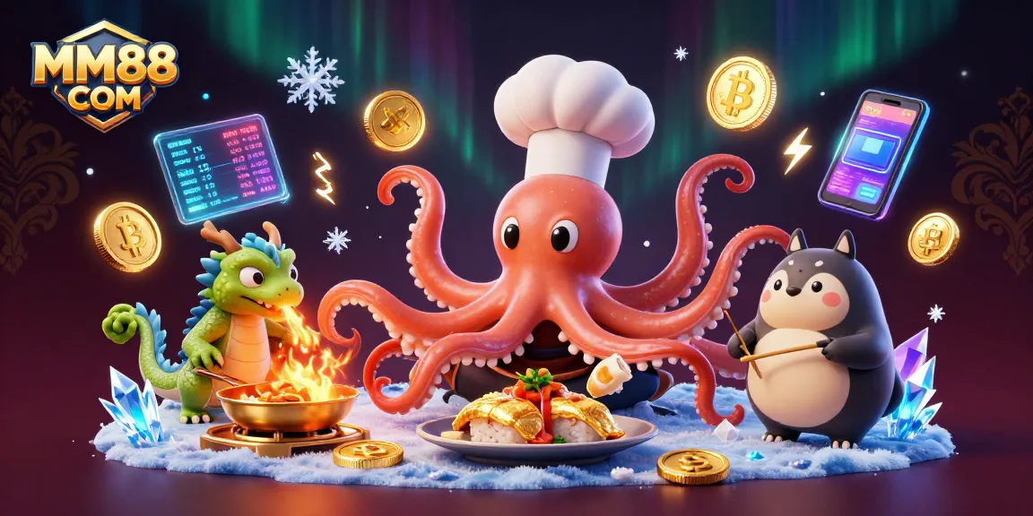 Experience exhilarating games at MM88 COM with a lively illustration of a sushi chef octopus and dragon.