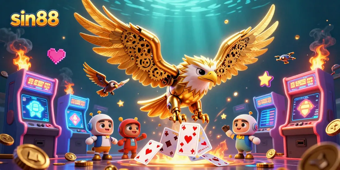 Experience sin88 with a dynamic 3D illustration of a golden eagle amidst vibrant casino elements.