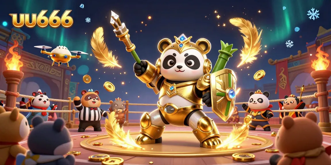 uu666 gaming excitement with golden panda piloting a bamboo robot in a vibrant casino arena