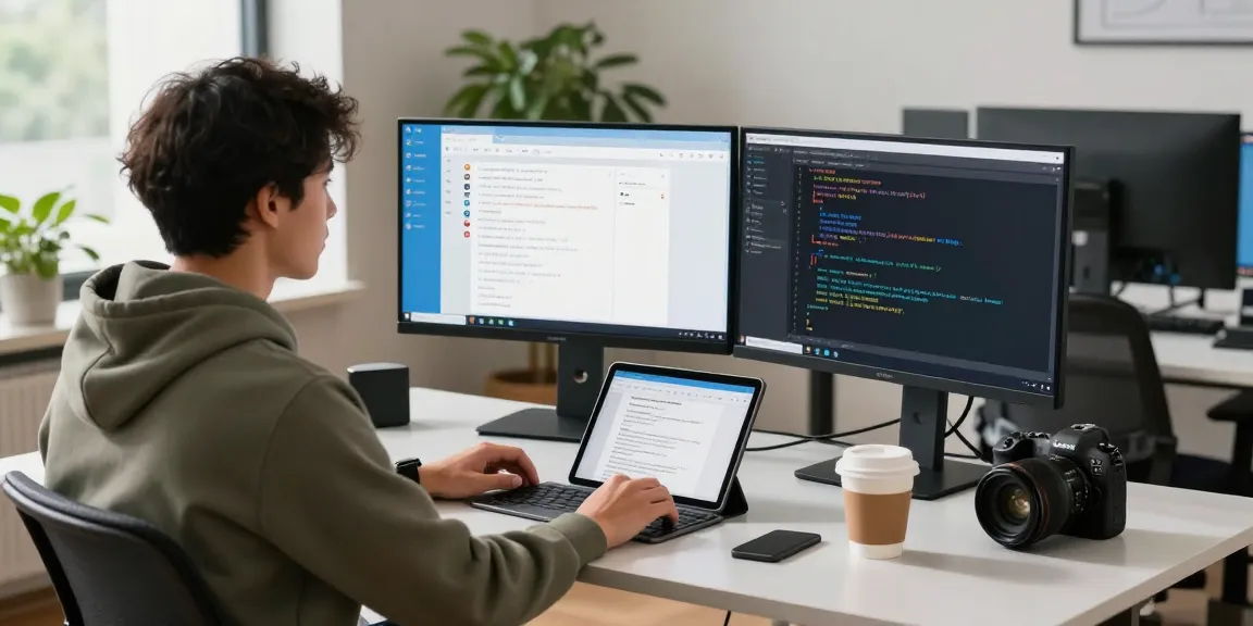 Download Telegram on a tech workspace with a developer using multiple screens showcasing the app.