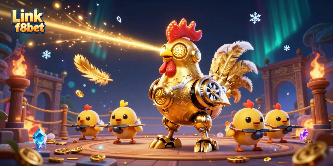 Experience thrilling action with Link f8bet, featuring a futuristic rooster robot and dynamic gaming elements.