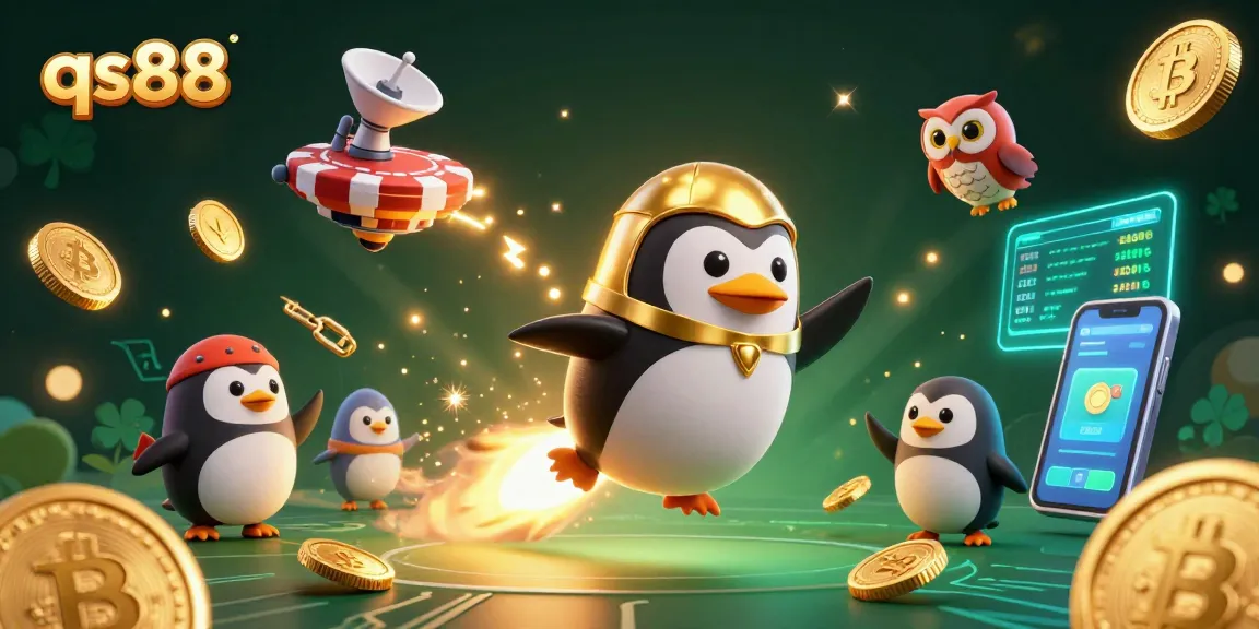 Engage with the exciting qs88 online casino adventure featuring a golden penguin, crypto elements, and vibrant visuals.