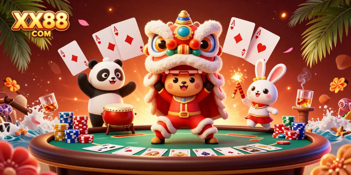 Engage with exciting games at XX88 COM, featuring a vibrant lion dance and dynamic poker elements.