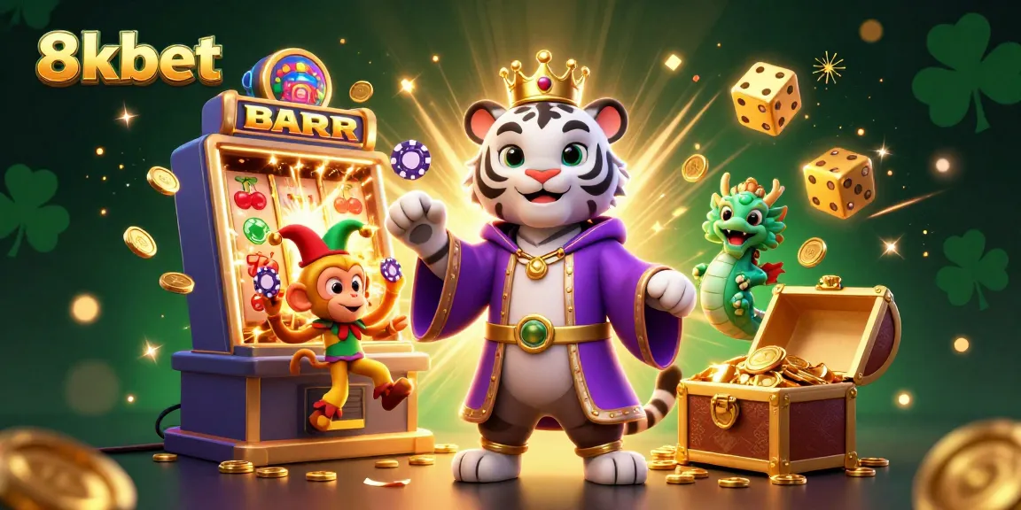 Experience thrilling moments with 8kbet as a white tiger and monkey animate a dynamic casino scene filled with games and excitement.