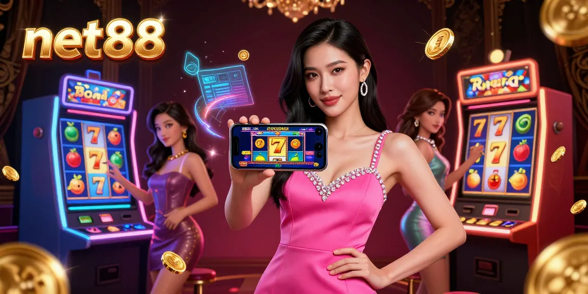 Engage with the vibrant world of net88, showcasing a stunning Asian woman with a live dealer game on her smartphone, surrounded by colorful slot machines.