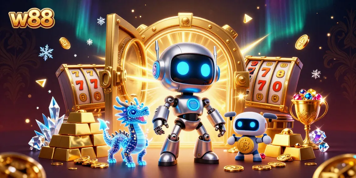 Win big with w88 at this vibrant casino-themed digital illustration featuring unique 3D characters.