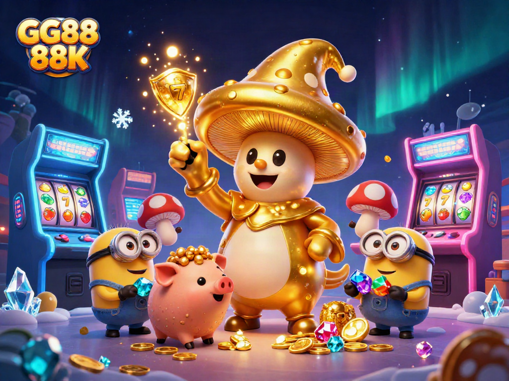 Experience GG88 88K magic in a vibrant 3D casino-themed illustration with golden wizard and treasures