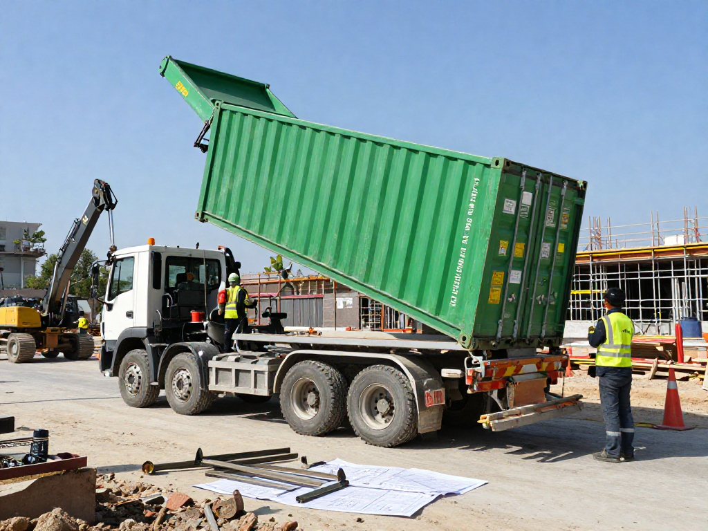 cassoni ribaltabili in uso su cantiere edile, camion verde solleva contenitori in acciaio.