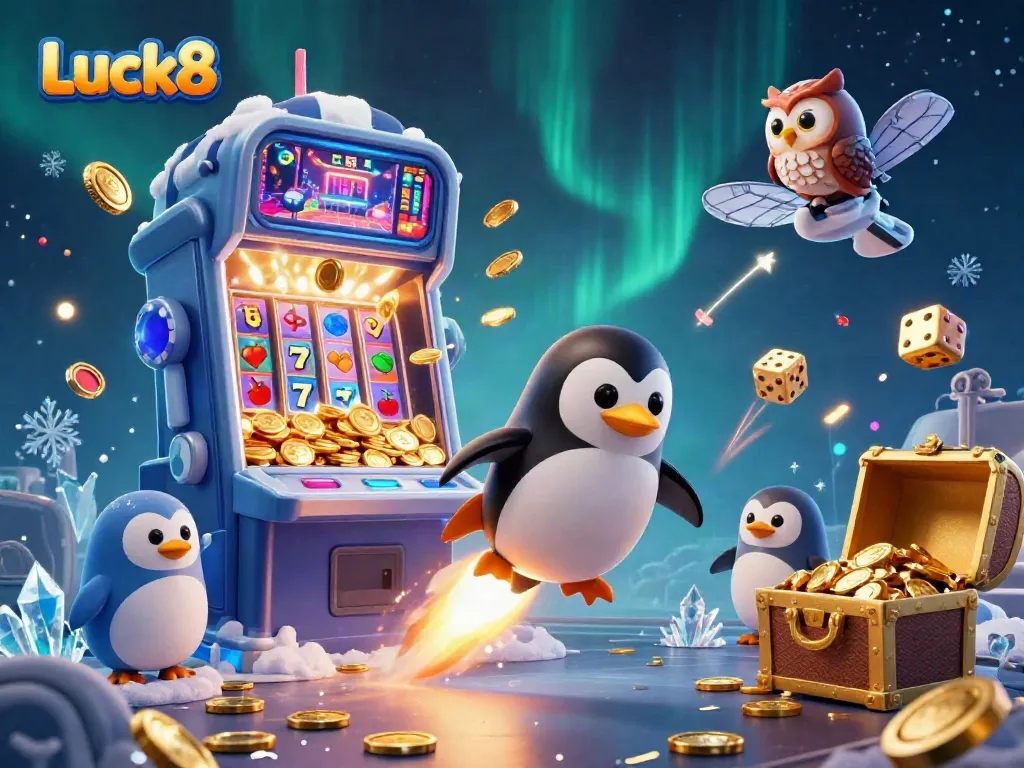 Experience the thrill of Luck8 with a golden penguin blasting through space towards a casino station, surrounded by rich gaming elements.