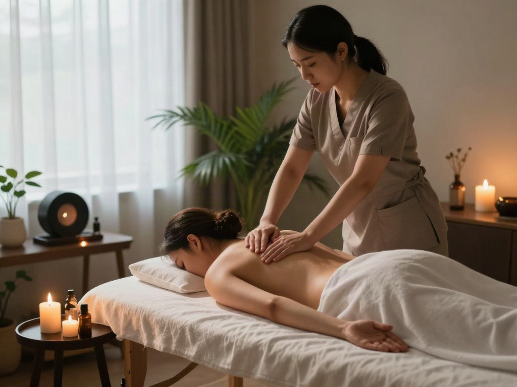 Soothe with 파주출장마사지 in a serene massage therapy room featuring candles, essential oils, and calming décor.