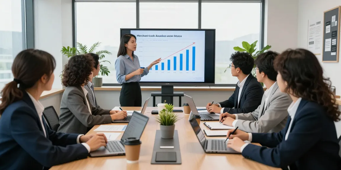 Apply for merchant cash advance with a team collaborating in a modern office.