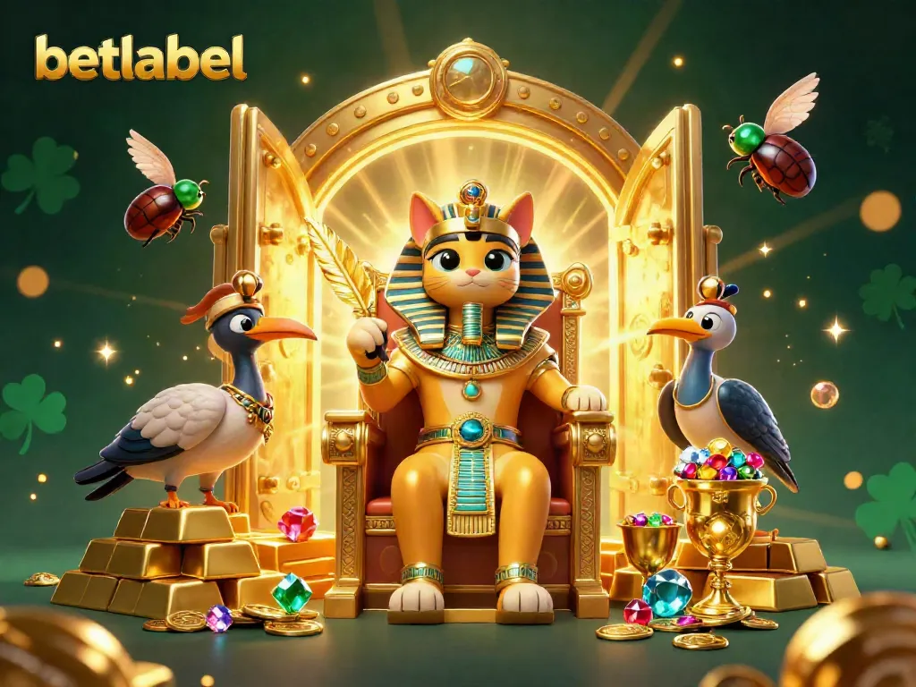 Experience the thrill of betlabel with a pharaoh cat, treasures, and casino elements in a vibrant scene.