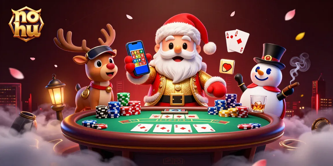 Experience thrilling no hu slots with Santa, his reindeer dealer, and a poker chip snowman in a vibrant casino scene.