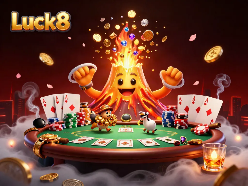 Luck8 showcases a vibrant online casino scene filled with treasure and dynamic poker elements.
