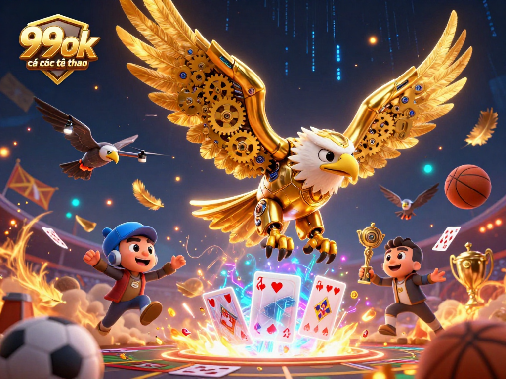 Engage in thrilling 99ok cá cược thể thao action depicted by a golden eagle diving through holographic cards.