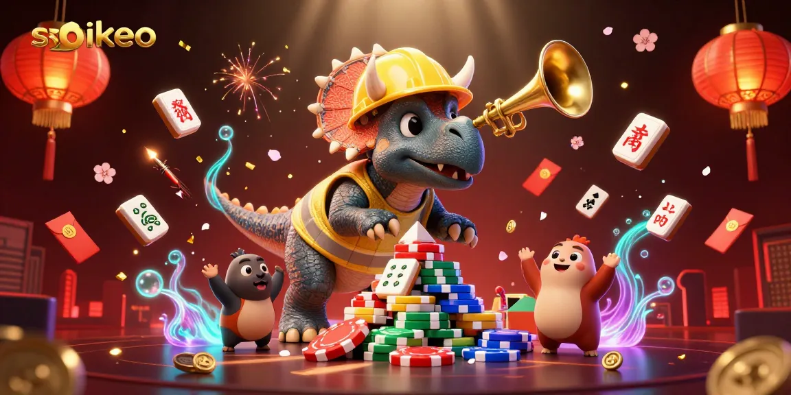 Engage in soikeo betting with triceratops building chip pyramids amidst festive gambling elements.