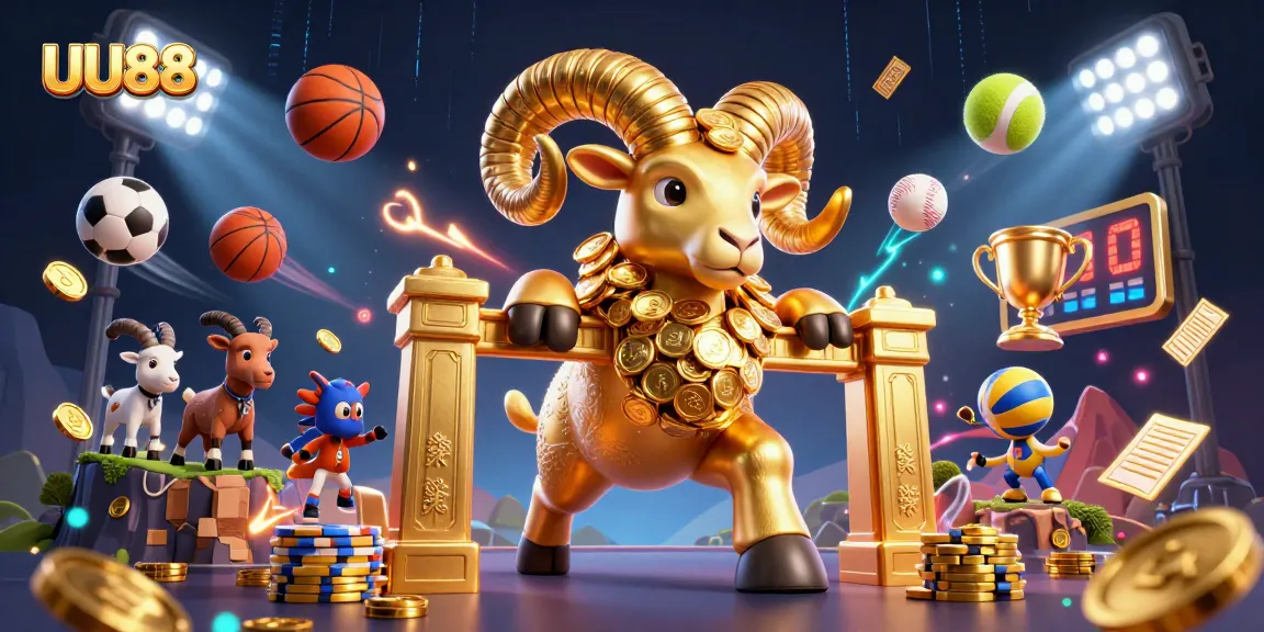 Capture the excitement of UU88 with a golden ram charging through a vibrant casino scene.