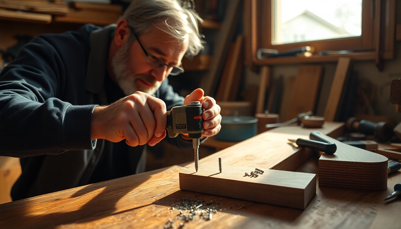 Cacciavite a percussione in uso per fissare viti su legno, mostrando precisione e abilità.