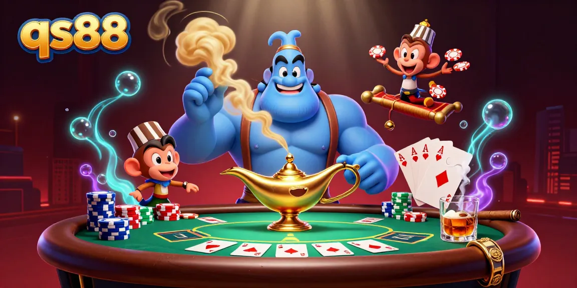 Win big with qs88 in this vibrant casino scene featuring a genie and poker elements.