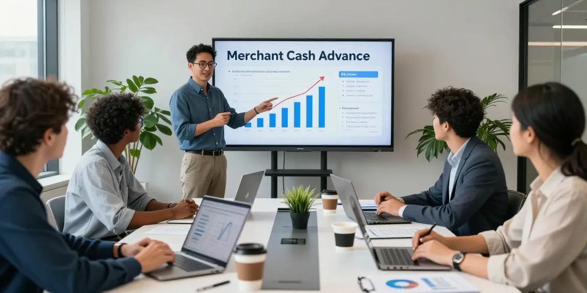 Discussing best merchant cash advance options in a modern office.