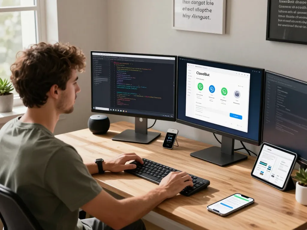 Developer using Clawdbot Mac setup with dual monitors in a modern workspace.