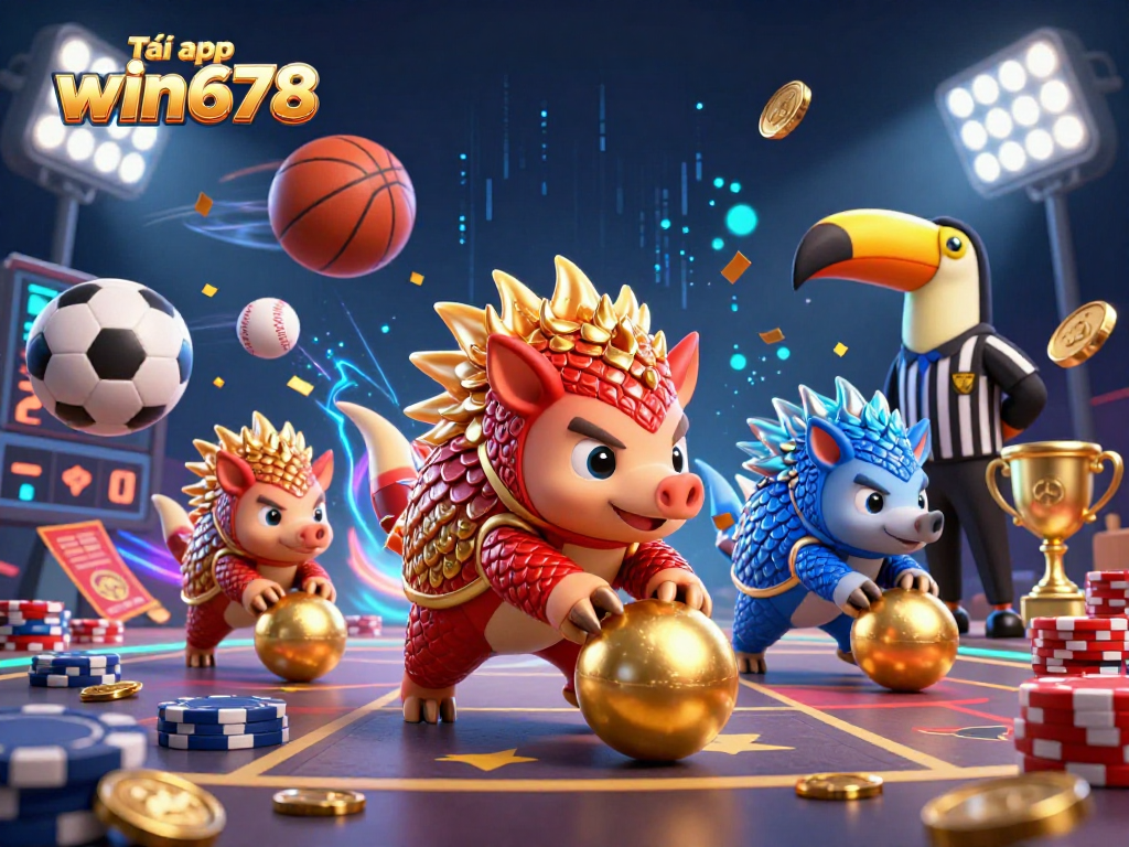 Engage with thrilling sports action in the Tải app win678 illustrated scene featuring vibrant pangolins, dynamic sports elements, and a celebratory atmosphere.
