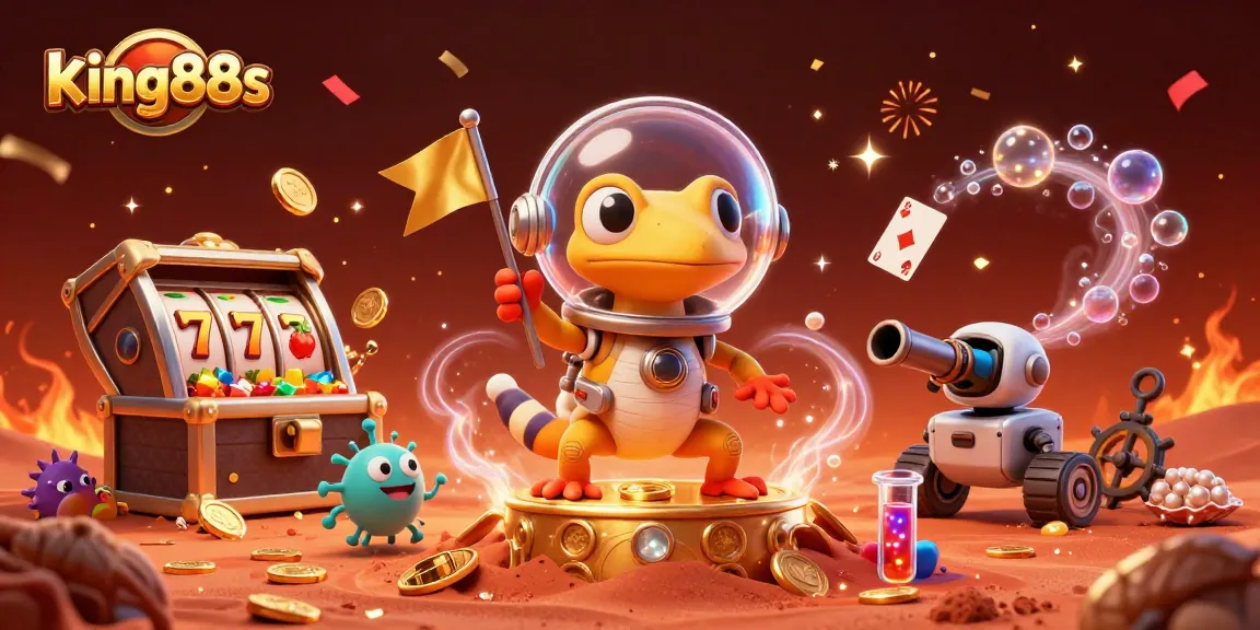 Experience king88s excitement in a vibrant casino scene with animated characters and treasure.