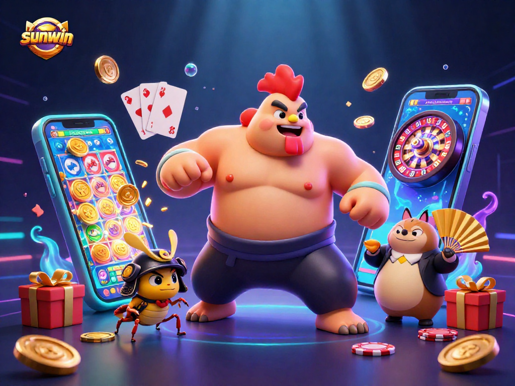 Experience thrilling gameplay at sunwin with a dynamic sumo wrestler, samurai cricket, and announcer surrounded by casino elements.