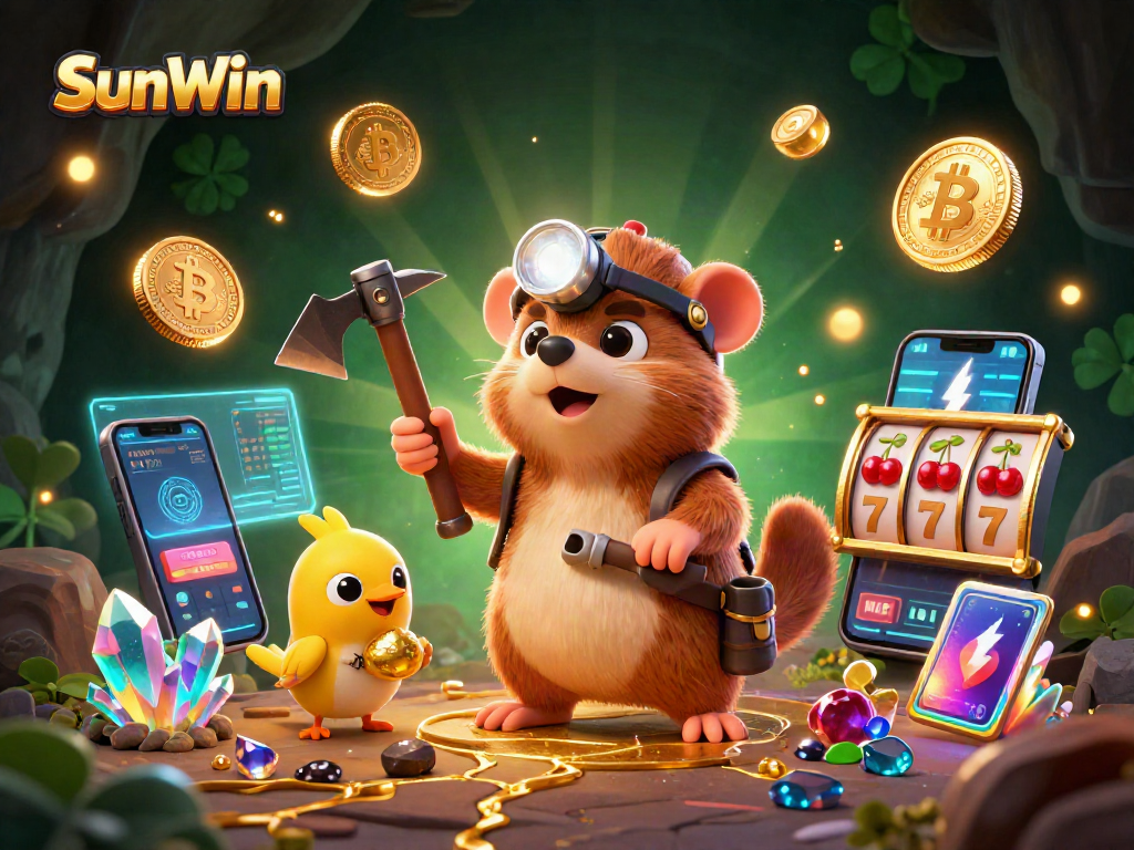 Join the excitement at SunWin with immersive slot games and glowing digital treasures in this vibrant casino scene.
