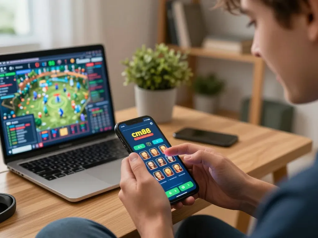 Engaging with cm88 casino app on smartphone in a cozy home gaming setup
