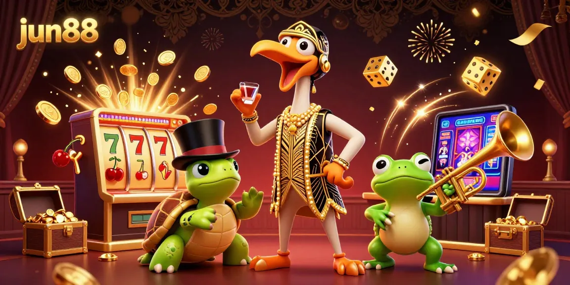 Play engaging games at jun88, with vibrant scenes of jackpots, 3D characters, and lively casino elements.