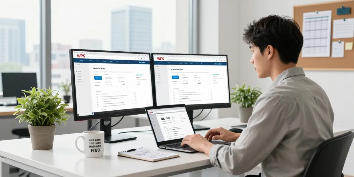 Professional workspace showcasing the WPS Official Website on dual monitors, enhancing productivity.