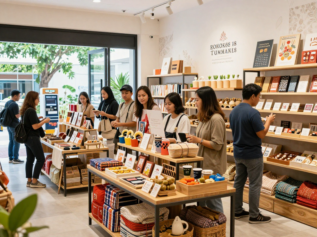 Customers exploring vibrant rokok 88 store showcasing local UMKM products.