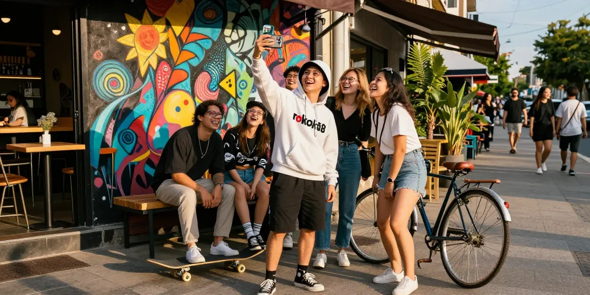 Friends enjoying casual outing with "rokok88" hoodie, vibrant urban cafe backdrop.